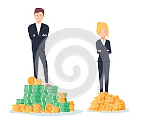 Gender gap and inequality in salary, pay vector concept. Businessman and businesswoman on piles of coins.