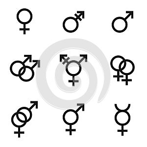 Gender identities icons set, sex relationship gender signs - male, female, hetero, transgender, lesbian, gay