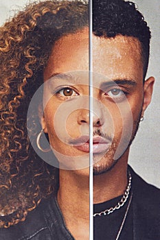 Gender Identity Concept With Composite Image Made From Halved Male And Female Facial Features