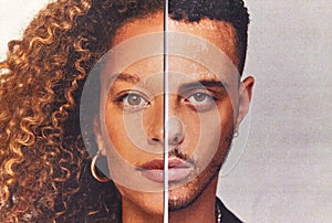 Gender Identity Concept With Composite Image Made From Halved Male And Female Facial Features photo