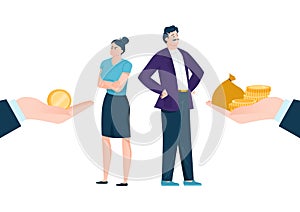 Gender inequality woman and man character get unequal salary, office business paycheck flat vector illustration