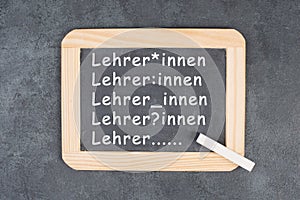 Gender language addressing female, male and diverse identity of teacher, called Lehrer in german, gender star, equity, integration