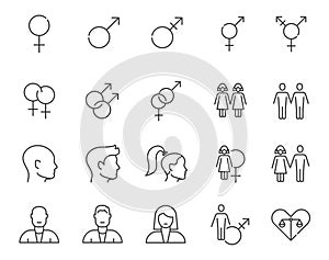 Gender line icon set, female male lgbt symbol equality. Human sex symbol transgender identity logo icon.