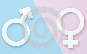 Gender. Male and Female 3d symbol sign, Man and Woman white icon on blue