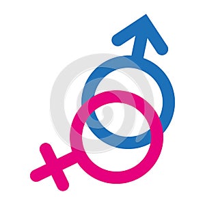Gender or male and female icon flat sign symbols pink and blue vector glyph icon. Isolated on white background. Editable stroke.