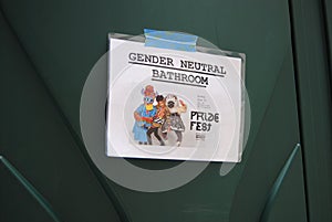 Gender Neutral Bathroom Sign, Pride Fest, NYC, NY, USA