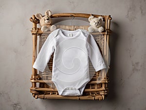 Gender Neutral Blank White Baby Bodysuit Flat lay Mockup