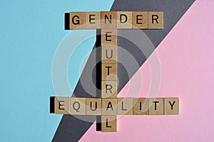 Gender, Neutral, Equality, words on pink, grey and blue