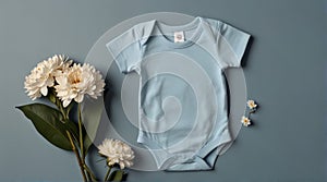 Gender neutral newborn bodysuit template mock up. Top view. Blank white cotton baby short sleeve bodysuit on pastel blue photo