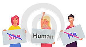 Gender neutral vector illustration person. He , she - human design symbol. Equality sex tolerance normal break. Unisex reveal