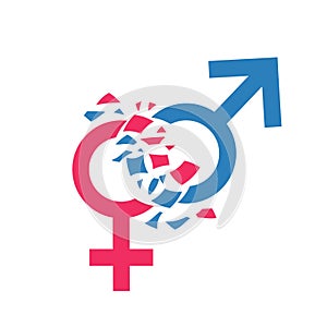 Gender norms concept. Gender symbols breaking in pieces