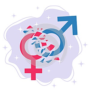 Gender norms concept. Gender symbols breaking in pieces.