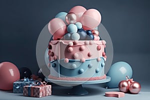Gender party, baby shower. Boy or girl cake, blue and pink cake, balloons and gifts. generative ai