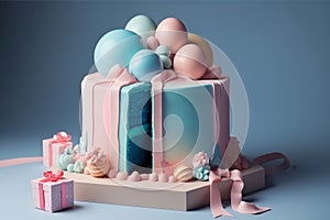 Gender party, baby shower. It's a boy, a blue cake, balloons and presents. Cut blue biscuit. generative ai