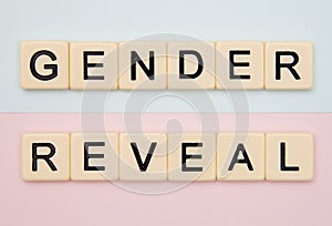 Gender reveal on a blue and pink background