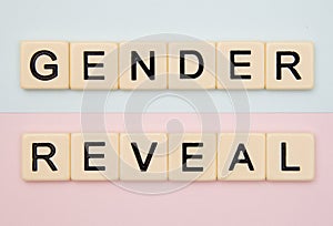 Gender reveal on a blue and pink background photo