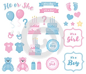 Gender reveal clipart with banners and frames.Blue and pink colors