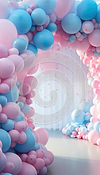 Gender reveal concept with pink and blue balloons arch decoration.