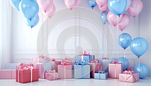 Gender reveal concept with pink and blue balloons arch decoration.