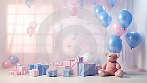 Gender reveal concept with pink and blue balloons arch decoration.