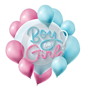 Gender reveal party banner element. Boy or girl question on background of the helium balloons. Newborn baby. Vector photo