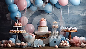 Gender reveal party, Big and delicious pink and blue baby gender reveal party cake on festive table with party