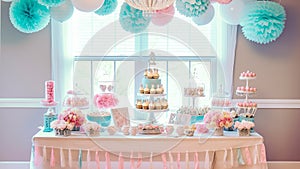 Gender reveal party, Big and delicious pink and blue baby gender reveal party cake on festive table with party