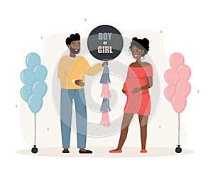 Gender reveal party. Couple holding balloon with inscription Boy or girl. African family dreaming about of her future