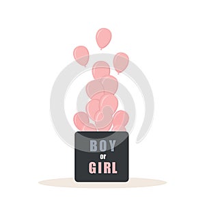 Gender reveal party. Its a girl. Open surprise gift box with inscription Boy or girl. Pink balloons. Baby shower