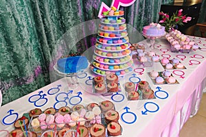 Gender reveal party with macaroon tower and cakes