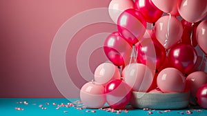 Gender Reveal, Pink and red balloons on background, invitation banner idea, copy space. AI generated