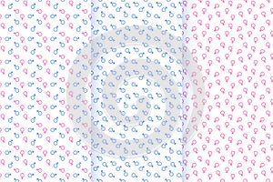 Gender seamless patterns set. Male and female sex symbols. Mars and Venus signs. Print for gender reveal party, baby