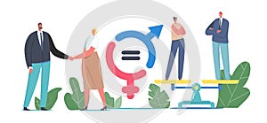 Gender Sex Equality and Balance Concept. Male and Female Business Characters Shaking Hands, Business People on Scales