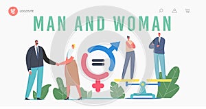 Gender Sex Equality and Balance Landing Page Template. Male and Female Business Characters Shaking Hands, Equal Salary
