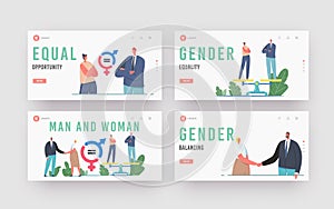 Gender Sex Equality and Balance Landing Page Template Set. Male Female Business Characters Shaking Hands, Equal Salary