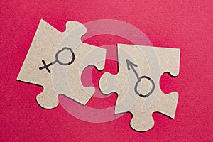 Gender signs of man and woman on puzzles. Sexual concept with the sex characteristics of men and women.