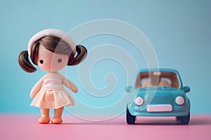 Gender stereotypical toys for children with car and cute doll on pink and blue background photo