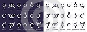 Gender symbol icons. Genderqueer, transgender and lesbian, bisexual pictograms. Lgbt, demiboy and gay, heterosexual