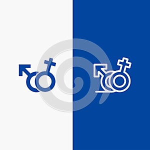 Gender, Symbol, Male, Female Line and Glyph Solid icon Blue banner