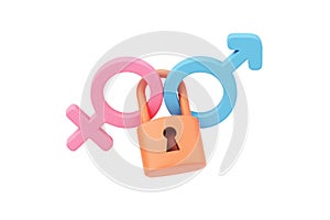 Gender symbol pink and blue with lock 3d love female, male, boy, girl valentine romantic couple sex, sexual, sensual.