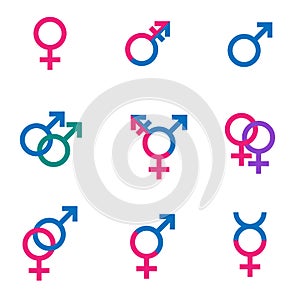 Gender symbol set, sexual orientation icons - male, female, hetero, transgender, lesbian, gay, hermaphroditus