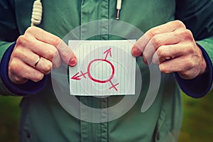 Gender symbols. caucasian white adult man holding in hands paper with inscription on it transgender symbols. Human rights freedom