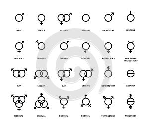 Gender symbols set. Sexual orientation icons. Male, female, transgender, gay, lesbian, bisexual, bigender, travesti