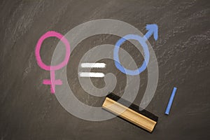 Gender symbols or signs for the male and female sex drawn on a blackboard