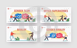 Gender Team Rivalry, Office Superheroes Fight Landing Page Template Set. Male Female Business Characters Tug of War