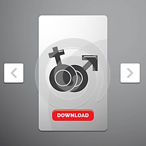 Gender, Venus, Mars, Male, Female Glyph Icon in Carousal Pagination Slider Design & Red Download Button
