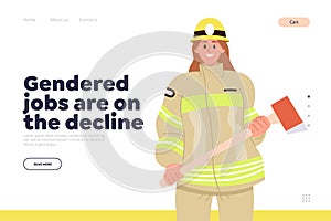 Gendered jobs on decline landing page with flat cartoon happy smiling female firefighter in uniform