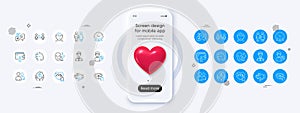 Genders, Donation money and Meeting time line icons. For web app, printing. Phone mockup with 3d heart icon. Vector