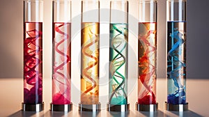 Gene editing. Assorted multicolored DNA helices in lab test tubes