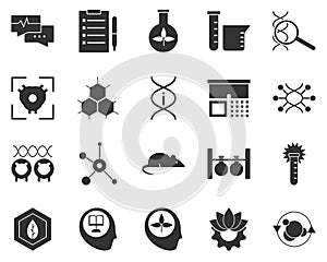 Gene, science, atom. Bioengineering glyph icons set. Biotechnology for health, researching, materials creating. Molecular biology